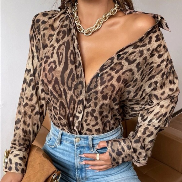 Camel black boho leopard print button up blouse - Picture 12 of 14
